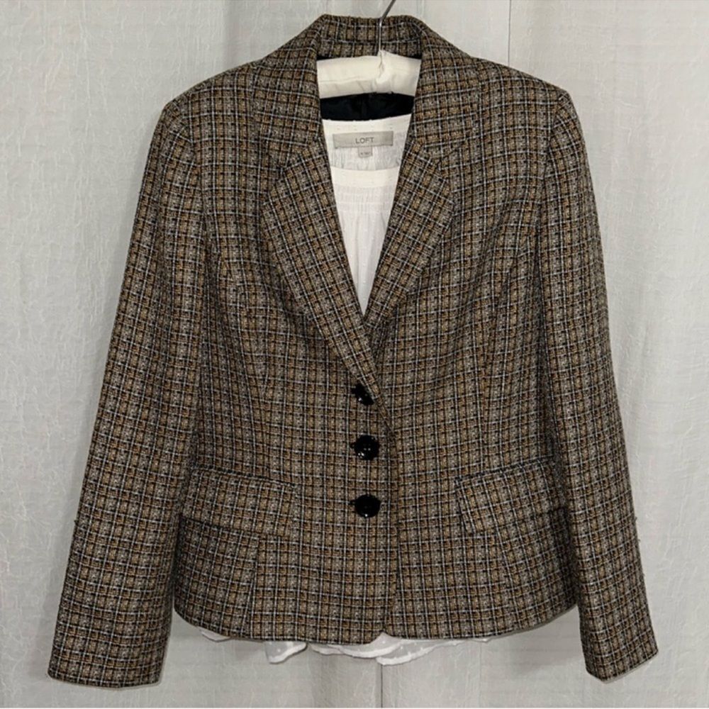 KASPER 14 Black White Gold Collared Three Button Front Tweed Blazer Jacket